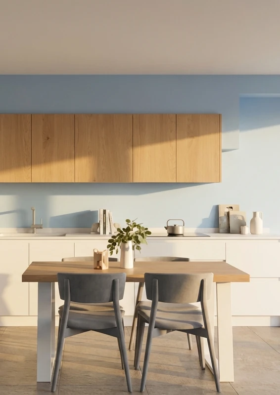 Rendering AI di una cucina moderna con illuminazione naturale mediterranea