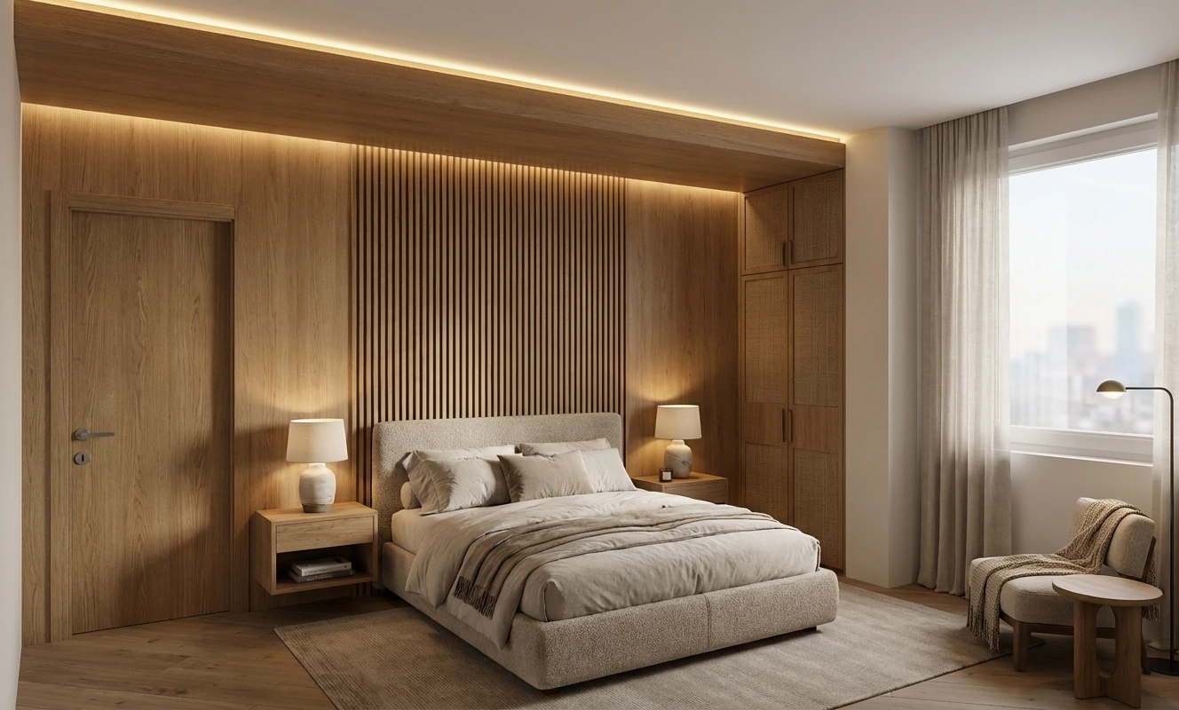 Rendering fotorealistico di una sala da pranzo con texture in legno di rovere