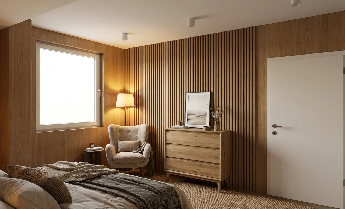 Camera da letto elegante con luce calda mediterranea